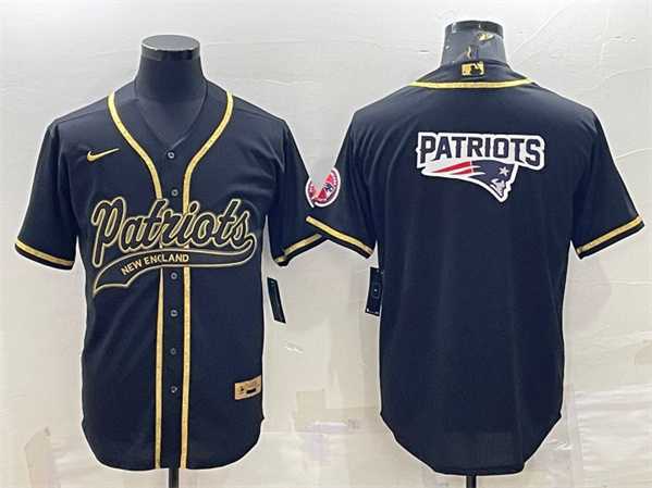 Mens New England Patriots Black Gold Team Big Logo With Patch Cool Base Stitched Baseball Jersey